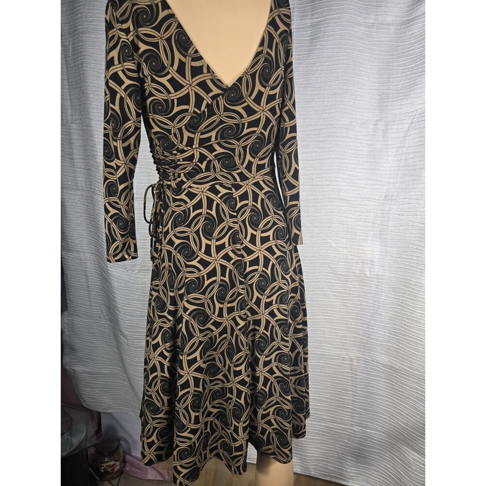 Dressbarn Black & Tan Geometric Swirl V-Neck Faux Wrap Midi Dress Size 4